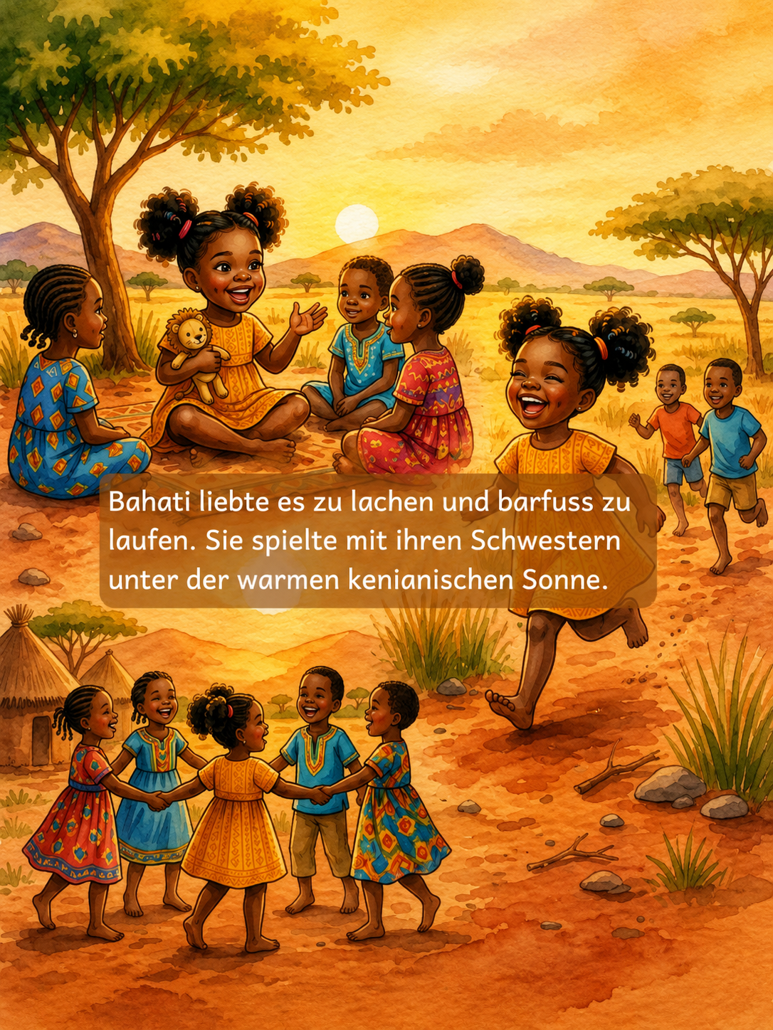 Bahati children's storybook illustration with African village scene